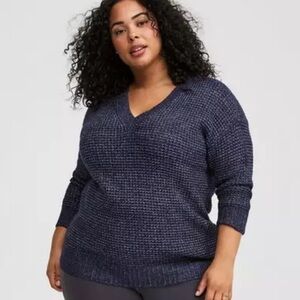 NWT Torrid Waffle Drop Shoulder V-Neck Pullover Sweater Size L Navy Chunky Knit